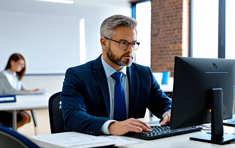 A professional adult, diverse in background, intently focusing on a computer screen within a modern, well-lit digital learning environment. The person is fully clothed in professional, modest business attire, surrounded by other learners in a clean, organized setting. The image conveys vigilance and engagement with cybersecurity education. perfect anatomy, correct proportions, natural pose, well-formed hands, proper finger count, natural body proportions, high-quality, professional photography, safe for work, appropriate content, fully clothed, family-friendly.