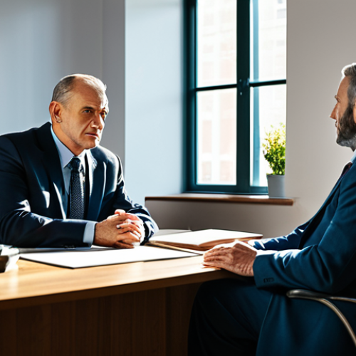 ** A compassionate therapist engaging in active listening with a former criminal, seated in a sunlit office. The scene emphasizes empathy and trust. The former criminal is fully clothed in modest attire. Safe for work. Appropriate content. Perfect anatomy. Natural proportions. Professional.

**