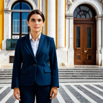 **

A competent female lawyer in a modest, professional business suit, standing confidently in front of the Lisbon courthouse. The background should feature the iconic architecture and vibrant city life, appropriate attire, safe for work, perfect anatomy, natural proportions, professional photography, high quality.

**