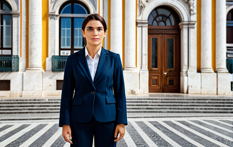 **
A competent female lawyer in a modest, professional business suit, standing confidently in front of the Lisbon courthouse. The background should feature the iconic architecture and vibrant city life, appropriate attire, safe for work, perfect anatomy, natural proportions, professional photography, high quality.
**