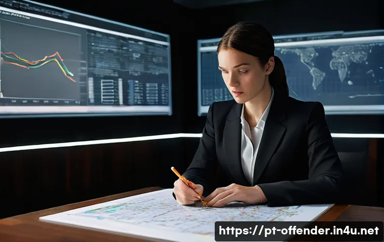 살인범 프로파일링 기법 - **Prompt:** "A highly intelligent criminal profiler, a woman in her late 30s, stands in a modern, sl...