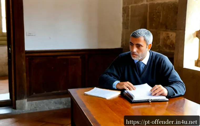 고문과 자백 강요 논란 - Photorealistic Portuguese courthouse consultation scene, a distressed adult man in plain clothing se...